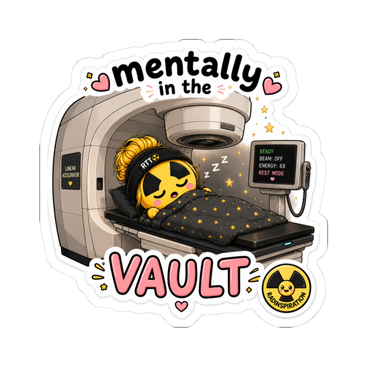 Mentally in the Vault Kiss-Cut Sticker — Cute Sleepy Vault Girl Decal