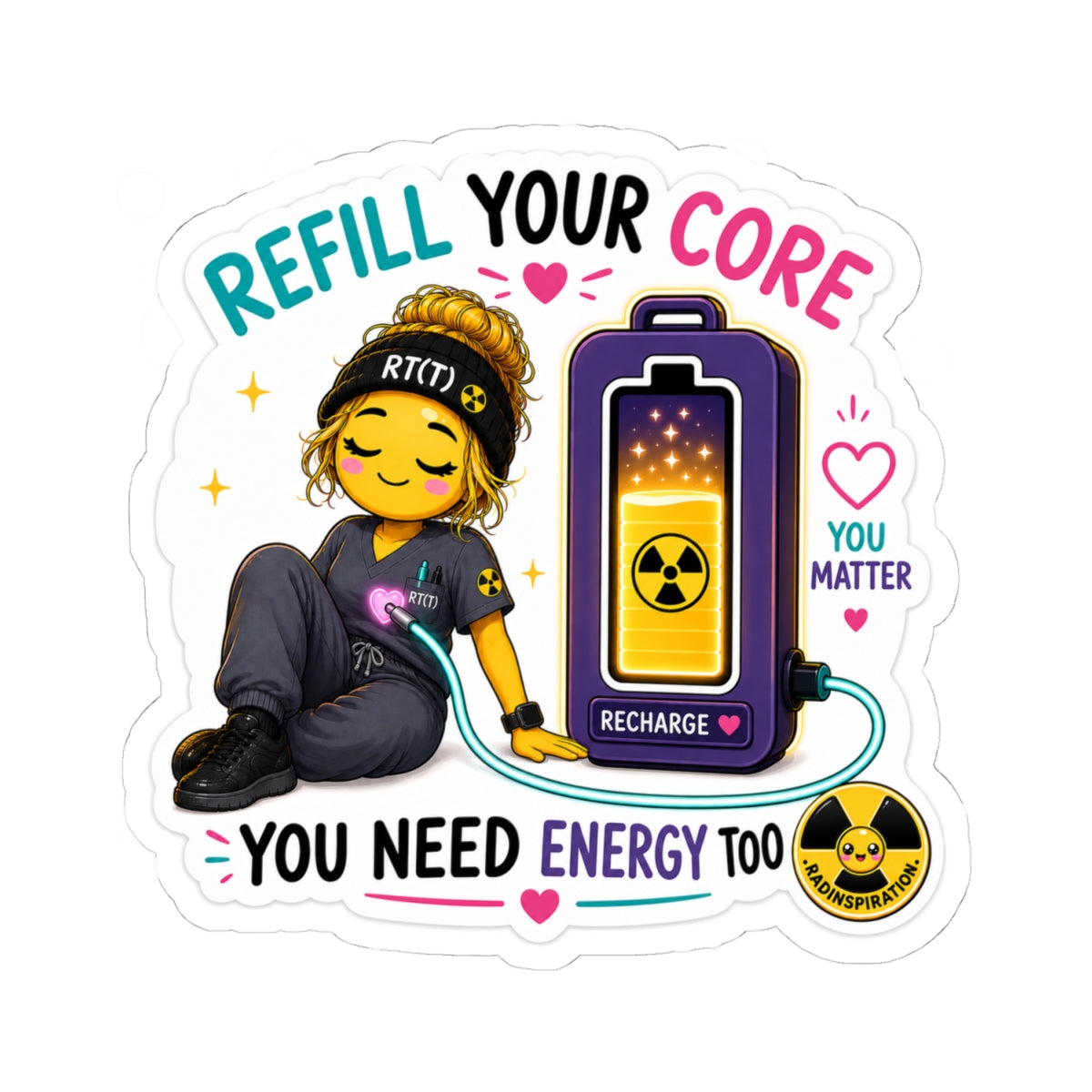 Kiss-Cut Sticker — "Refill Your Core" Cute Recharge Design