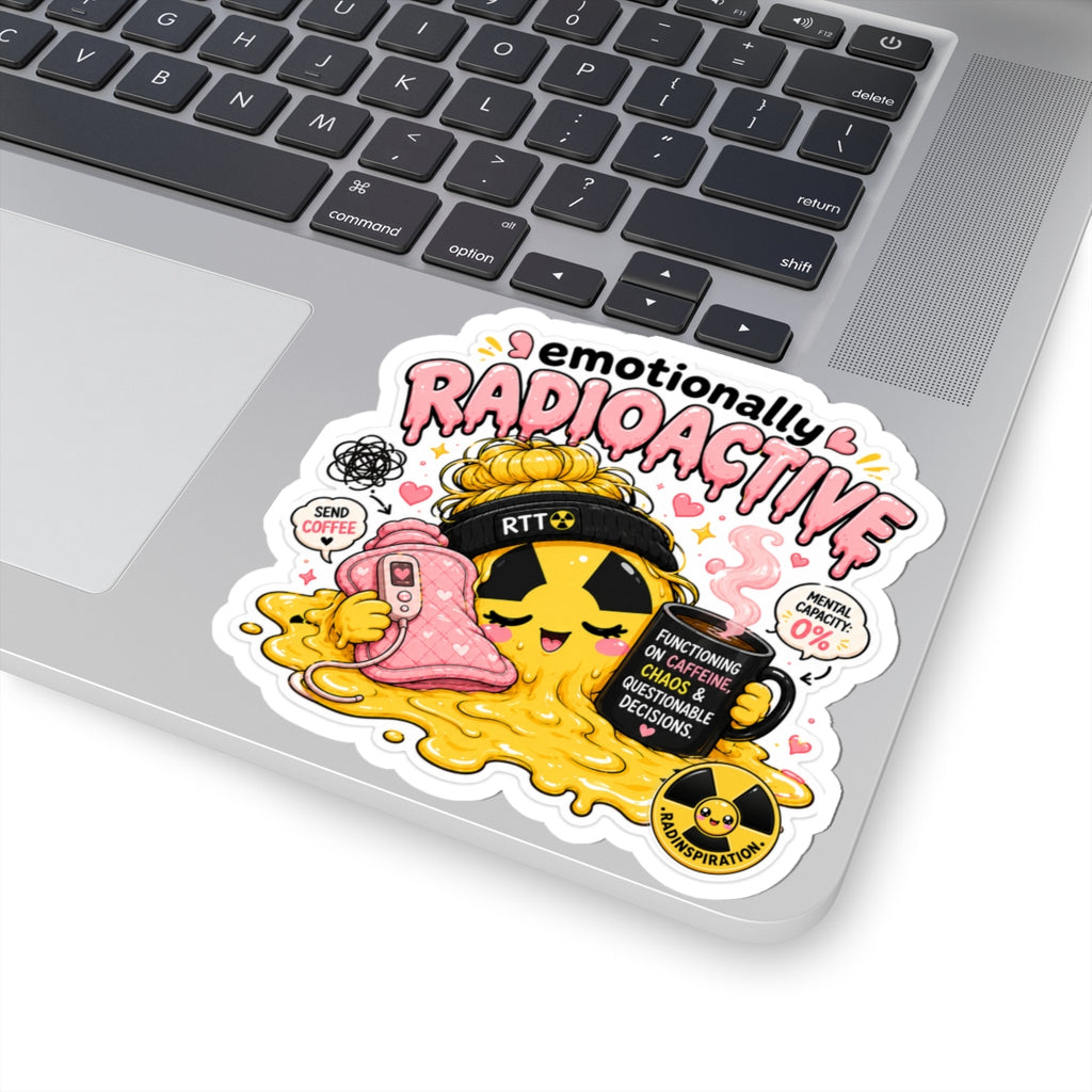 Emotionally Radioactive Sticker — Cute Melting Emoji with ‘Functioning on Caffeine, Chaos & Questionable Decisions’